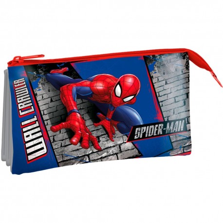 Estojo triplo Spiderman azul e vermelho com design de parede