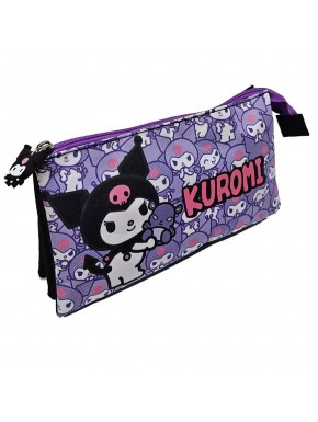 Porta-tudo triplo Kuromi Hello Kitty em roxo e preto