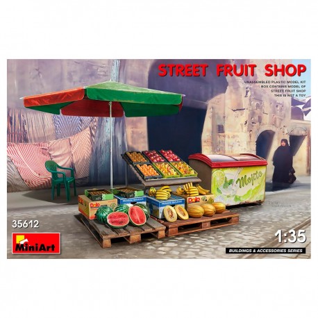 Maquete de loja de frutas de rua com várias peças