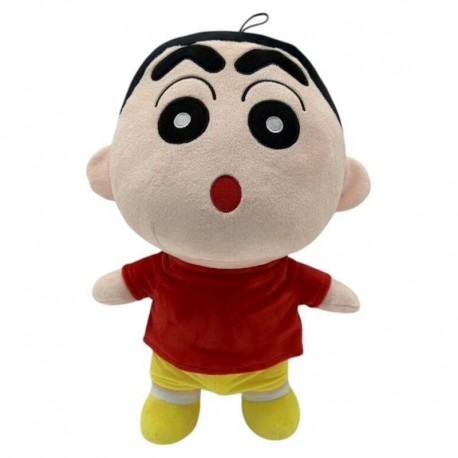 Peluche Crayon Shin-chan con camiseta roja y pantalones amarillos