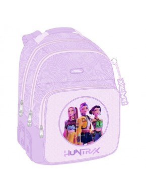 Mochila roxa Kpop Demon Hunters com design de guerreiras