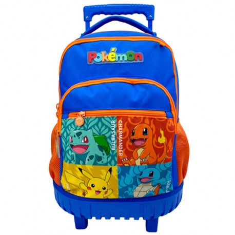 Trolley Pokémon bleu avec personnages Bulbizarre, Salamèche, Pikachu et Carapuce