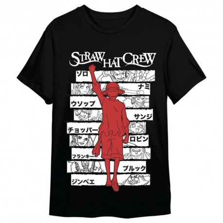 Camiseta negra de One Piece con Monkey D. Luffy y tripulación