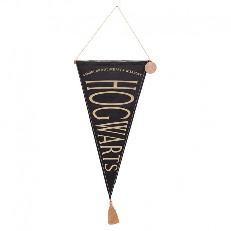 Bandeira triangular preta de Hogwarts com detalhes dourados