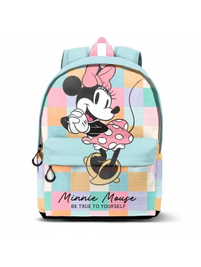 Mochila azul de Minnie Mouse con diseño de cuadros y mensaje inspirador