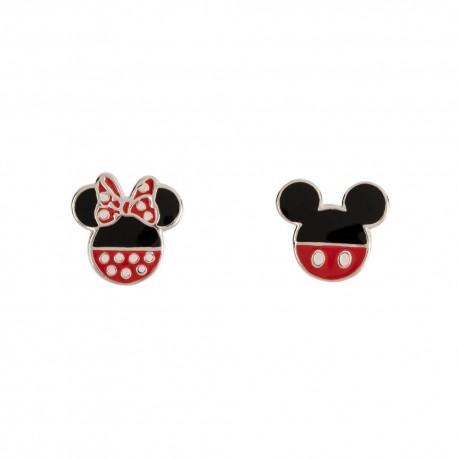 Brincos de prata Mickey e Minnie Disney com laço e calças vermelhas