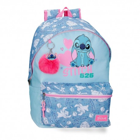 Mochila azul de Stitch Disney con llavero de pompón rosa