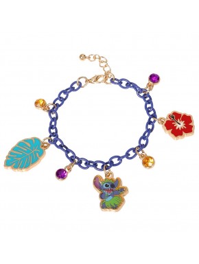 Pulseira charm Stitch Disney com corrente roxa e pingentes esmaltados