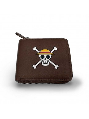 Carteira marrom One Piece com logo de chapéu de palha