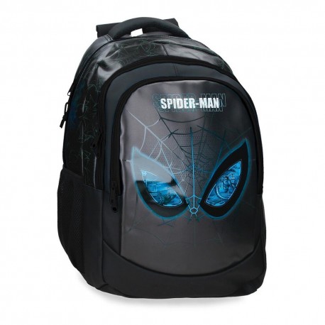 Mochila negra de Spider-Man con diseño de ojos y telarañas azules