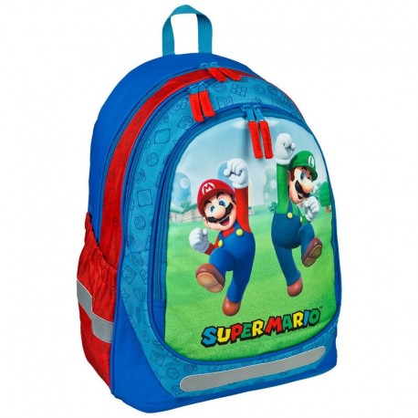 Mochila azul e vermelha Super Mario Bros com Mario e Luigi
