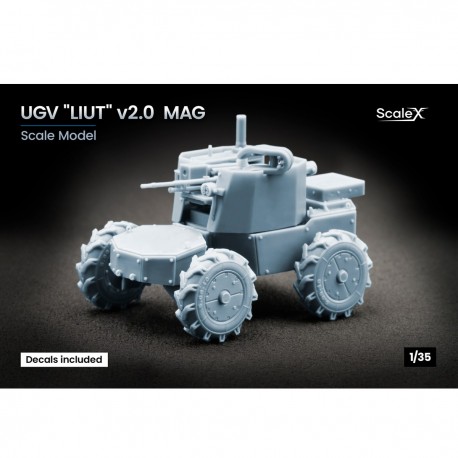Maquette à l'échelle 1/35 de l'UGV Liut v2.0 avec mitrailleuse MAG
