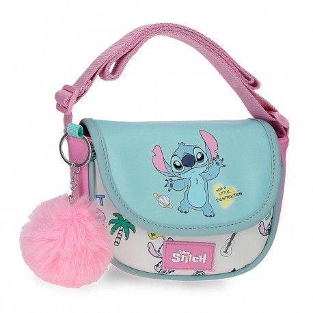 Bolsa transversal Stitch Disney em tons pastel com chaveiro de pelúcia rosa