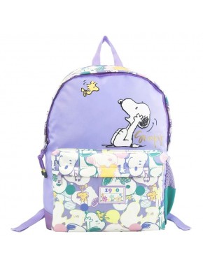 Mochila roxa Snoopy com design colorido e compartimentos