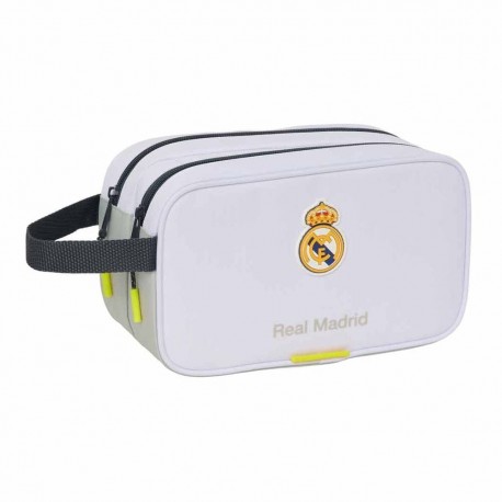 Neceser blanco con logo del Real Madrid, dos cremalleras