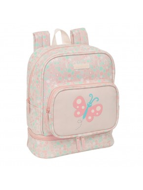 Mochila infantil rosa con diseño de mariposa y compartimento térmico