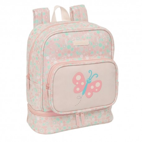 Mochila infantil rosa com design de borboleta e compartimento térmico
