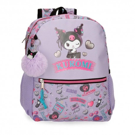 Mochila lilás Kuromi com pompom e design Hello Kitty