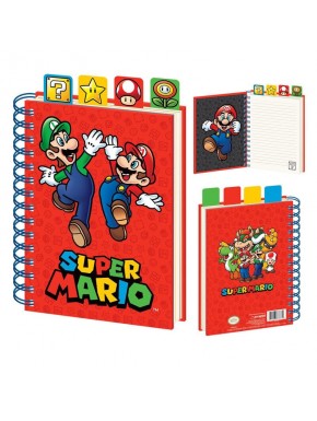 Carnet A5 Super Mario avec spirale bleue et onglets d'icônes