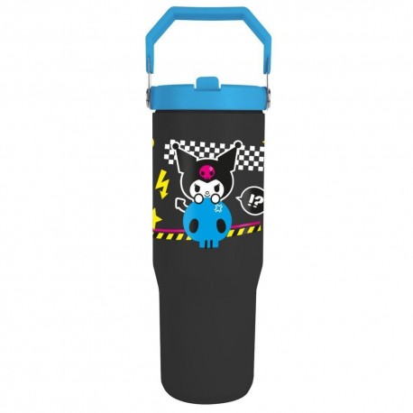 Gobelet isotherme noir Kuromi Hello Kitty avec couvercle bleu