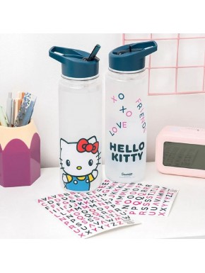 Garrafa de plástico Hello Kitty com canudo e adesivos