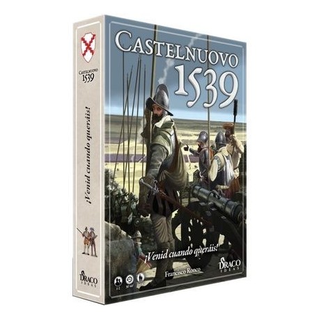 Caixa e componentes do jogo de tabuleiro Castelnuovo 1539