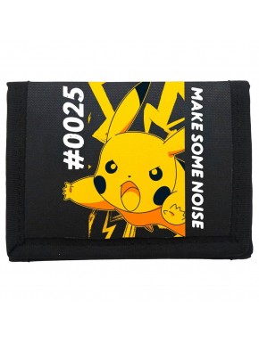 Billetera negra con Pikachu Pokémon y texto 'Make Some Noise'