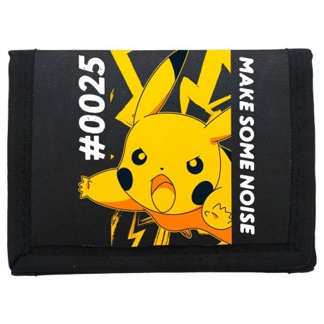 Carteira preta com Pikachu Pokémon e texto 'Make Some Noise'
