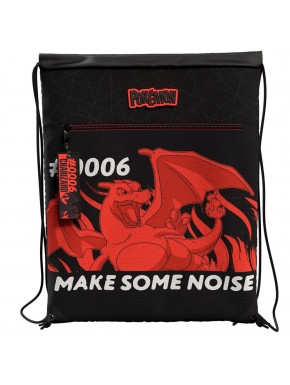 Saco Charizard Pokémon com design vermelho e slogan 'Make Some Noise'