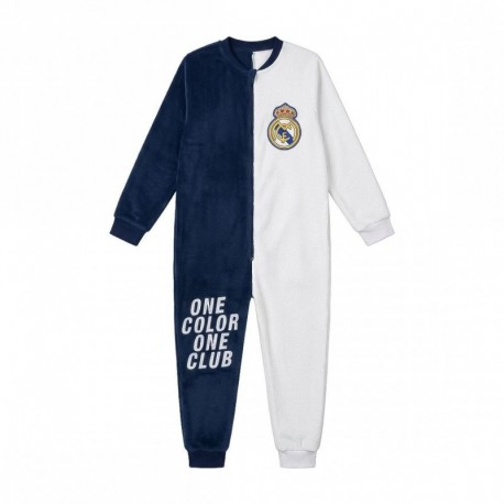 Pijama azul e branco Real Madrid com escudo e slogan