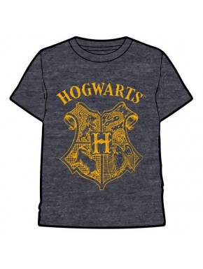 Camiseta gris oscuro con emblema de Hogwarts en dorado