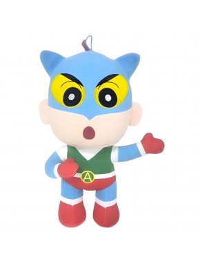 Peluche Superhéros Shin Chan avec costume bleu et cape rouge