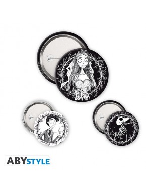 Set de badges Les Noces Funèbres avec trois designs iconiques