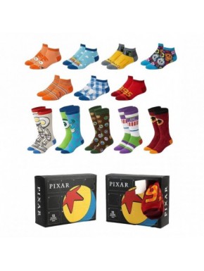 Pack de 12 meias temáticas Pixar, cores variadas.