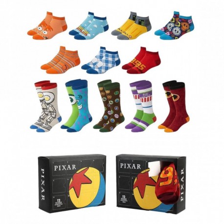 Pack de 12 meias temáticas Pixar, cores variadas.