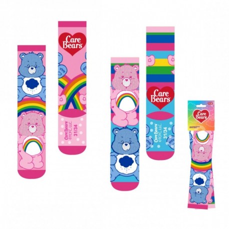 Meias coloridas Care Bears com arco-íris e ursos.