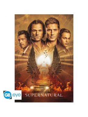 Póster Supernatural Final Season con personajes y auto en llamas