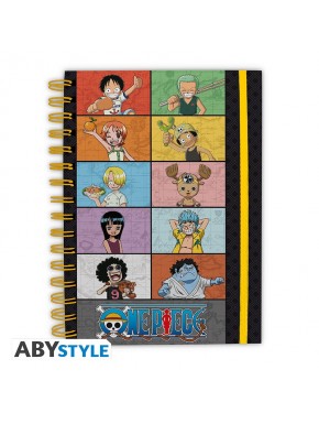Libreta A5 One Piece con personajes jóvenes, espiral y coloridos.