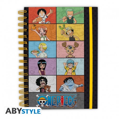 Caderno A5 One Piece com jovens personagens, espiral, colorido.