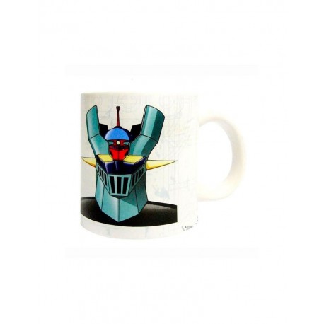 Caneca branca com imagem de Mazinger Z e logotipo