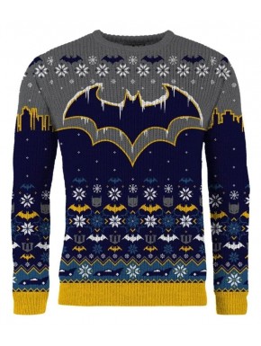 Sudadera navideña Batman azul y gris con logo y copos de nieve