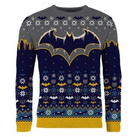 Sudadera navideña Batman azul y gris con logo y copos de nieve