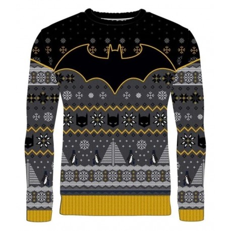 Suéter de Natal Batman com pinguins em tons escuros e amarelos