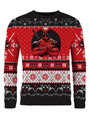 Suéter de Natal Deadpool em vermelho, preto e branco.