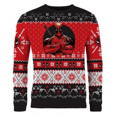 Suéter de Natal Deadpool em vermelho, preto e branco.