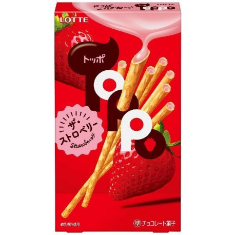 Caixa de palitos Toppo recheados com morango, snack japonês crocante