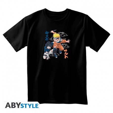 Camiseta preta unissex com Naruto e Sasuke