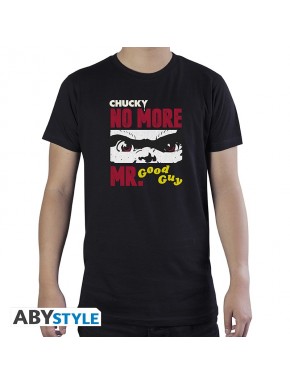 Camiseta preta do Chucky com frase 'No more Mr. Good Guy'
