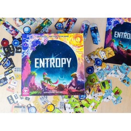 Caixa do jogo de tabuleiro Entropy com design galáctico