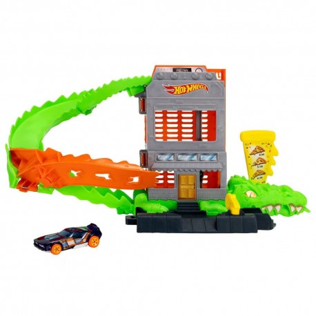 Pista Hot Wheels City con cocodrilo y coche